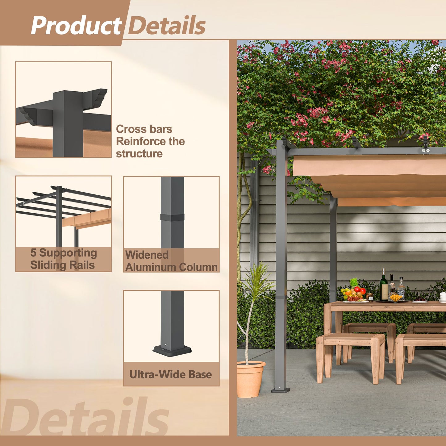 10' x 10' Aluminum Patio Pergola – Retractable Canopy, Shade Shelter