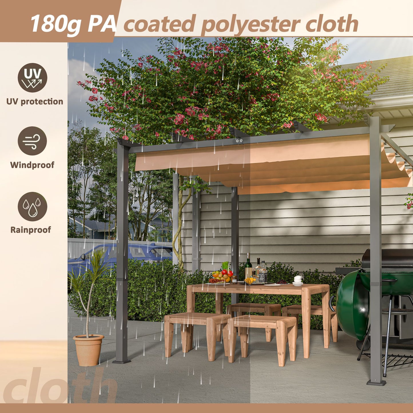 10' x 10' Aluminum Patio Pergola – Retractable Canopy, Shade Shelter