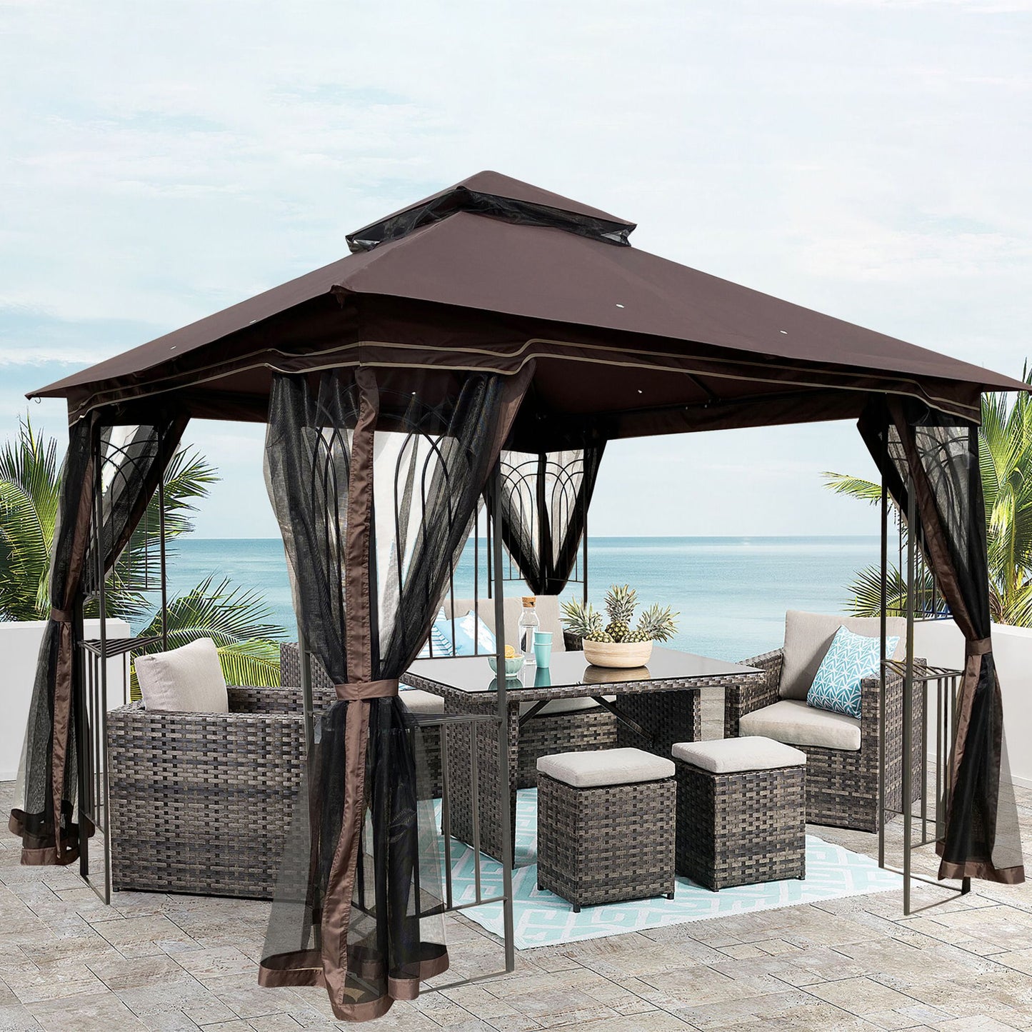 10' x 10' Outdoor Patio Gazebo with Mesh Sidewalls, Ventilated Double Roof, and Detachable Mosquito Net, Suitable for Lawn, Garden, Backyard, and Deck, Brown Top