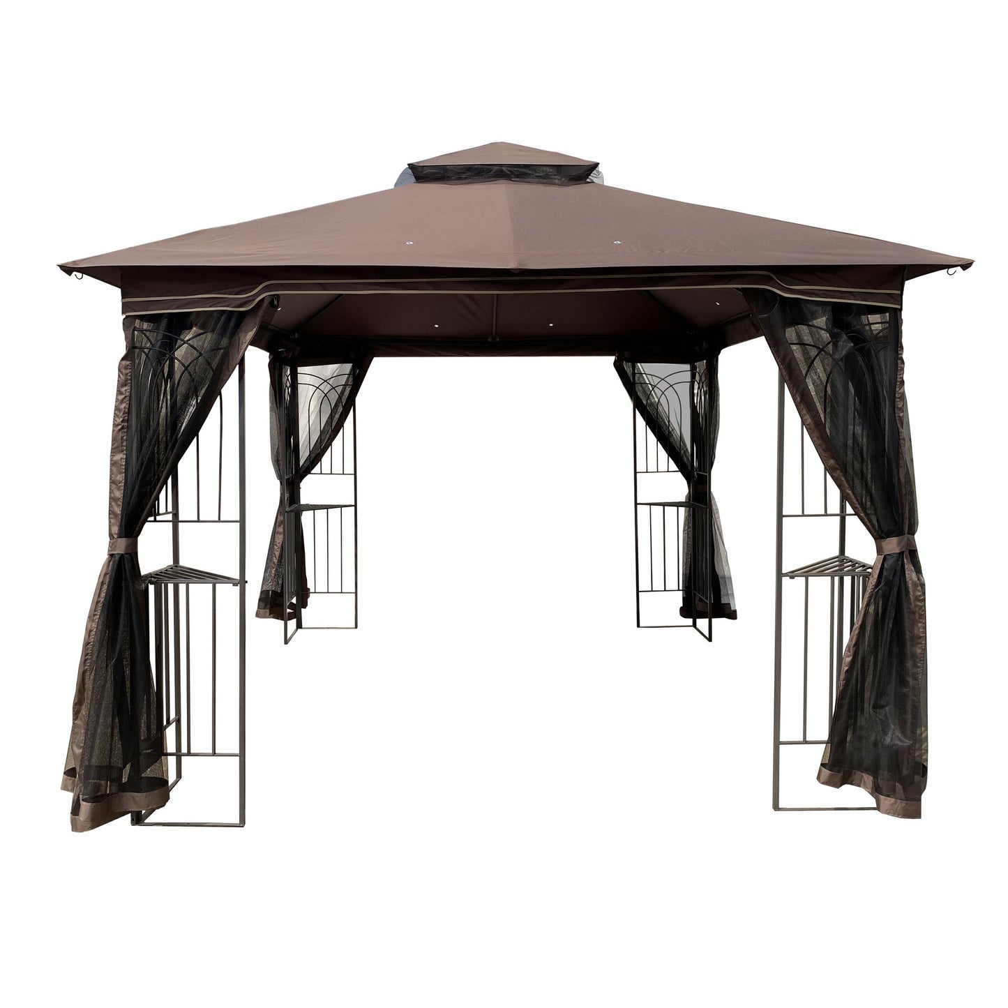 10' x 10' Outdoor Patio Gazebo with Mesh Sidewalls, Ventilated Double Roof, and Detachable Mosquito Net, Suitable for Lawn, Garden, Backyard, and Deck, Brown Top