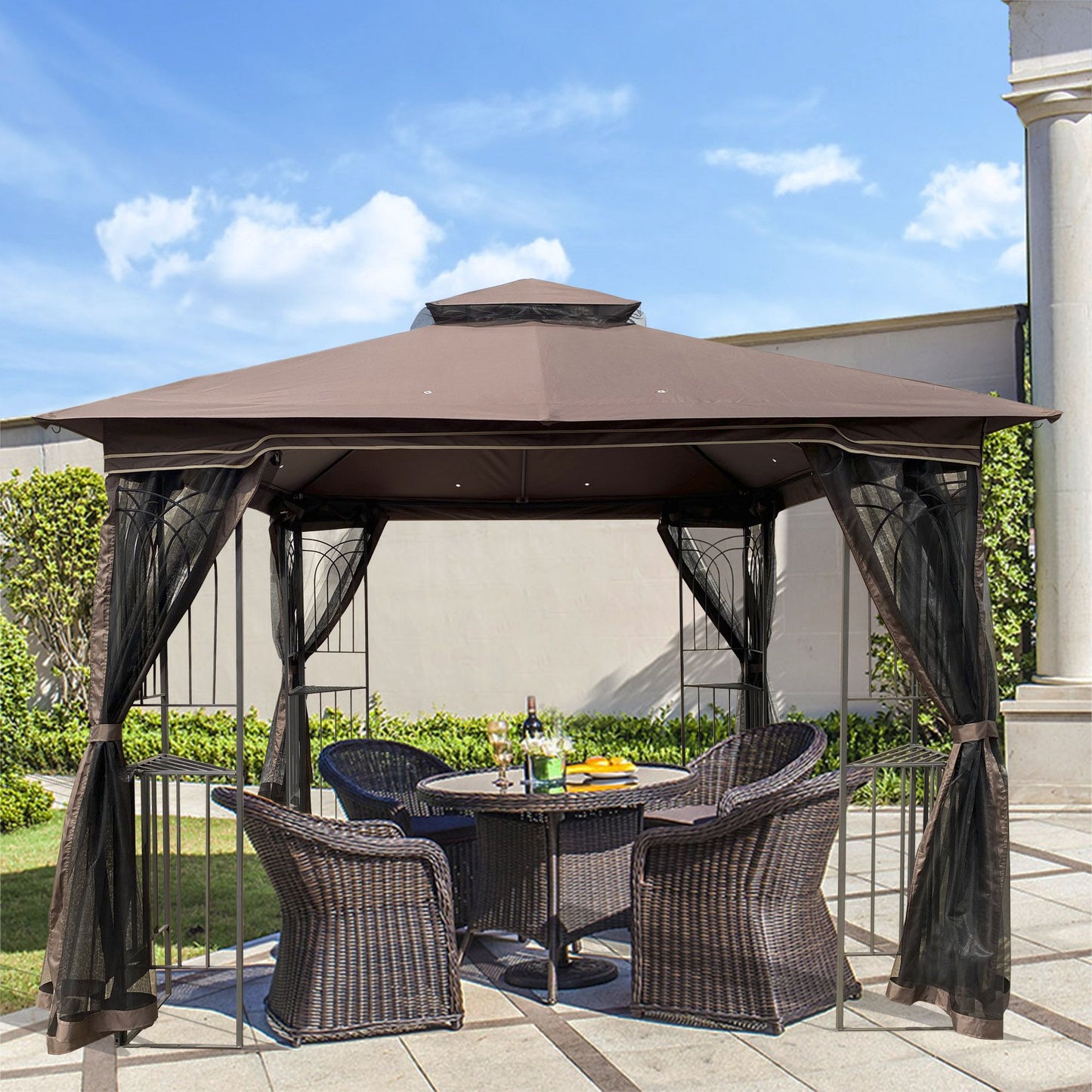 10' x 10' Outdoor Patio Gazebo with Mesh Sidewalls, Ventilated Double Roof, and Detachable Mosquito Net, Suitable for Lawn, Garden, Backyard, and Deck, Brown Top