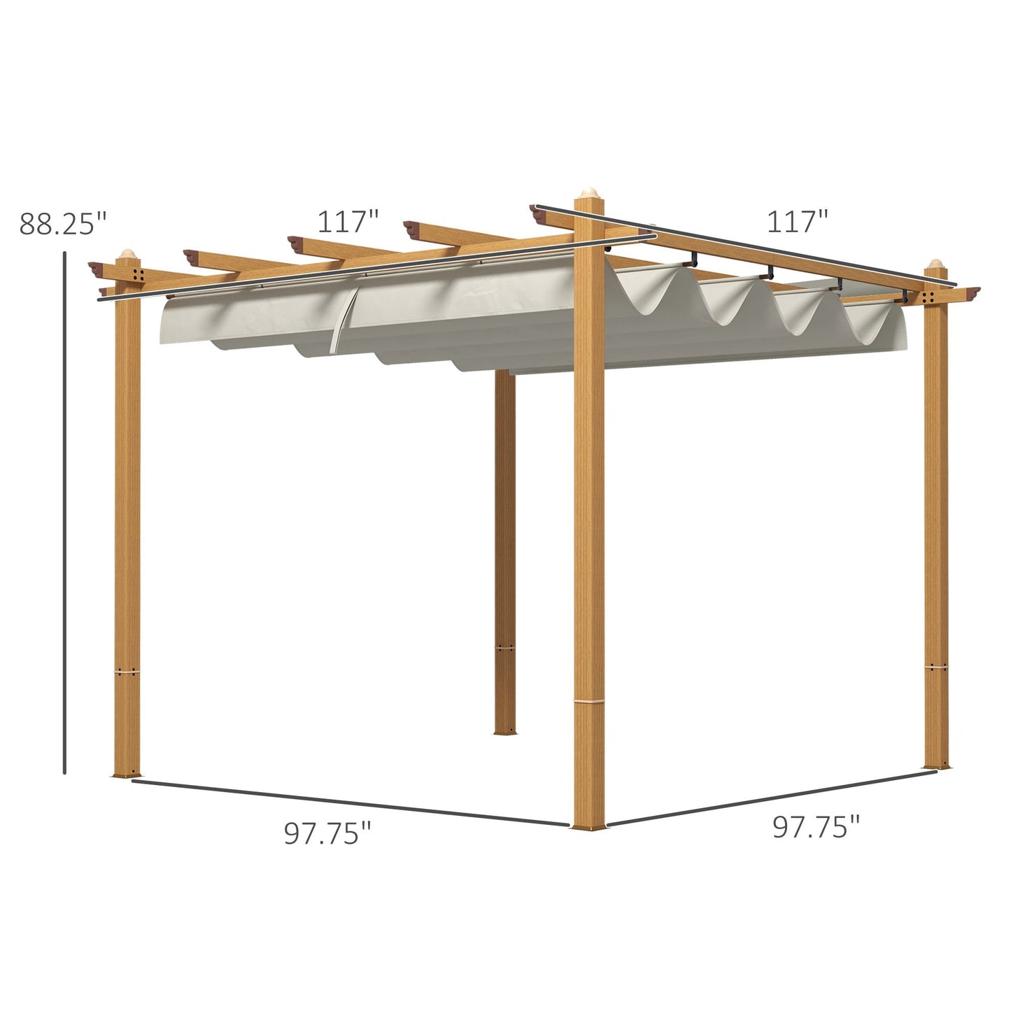 10' x 10' Retractable Pergola – Wood Grain Aluminum Frame, Outdoor Sun Shade Shelter for Grill, Garden, Patio, Cream White