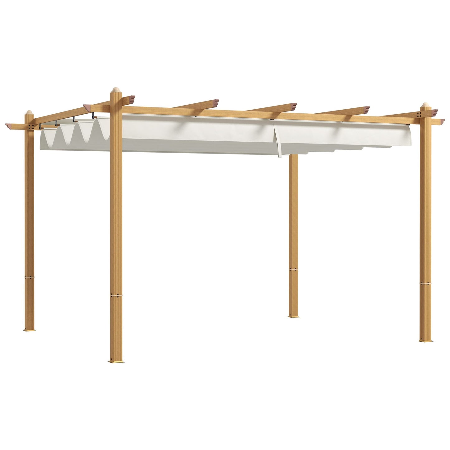 10' x 10' Retractable Pergola – Wood Grain Aluminum Frame, Outdoor Sun Shade Shelter for Grill, Garden, Patio, Cream White