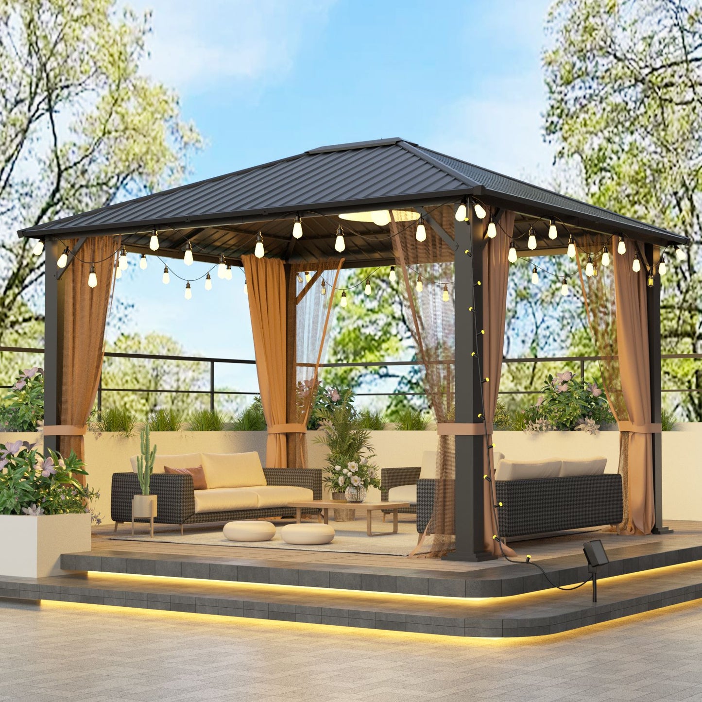 10' x 12' Hardtop Metal Gazebo, Heavy Duty Galvanized Steel Pergola with Mosquito Nets, Sturdy Outdoor Canopy for Gardens, Patios, and Backyards