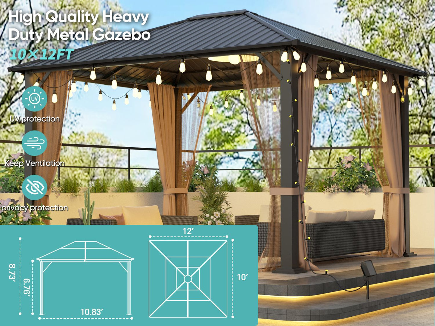 10' x 12' Hardtop Metal Gazebo, Heavy Duty Galvanized Steel Pergola with Mosquito Nets, Sturdy Outdoor Canopy for Gardens, Patios, and Backyards