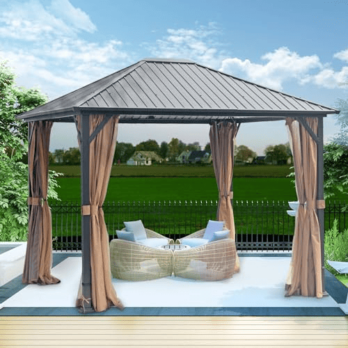 10' x 12' Hardtop Metal Gazebo, Heavy Duty Galvanized Steel Pergola with Mosquito Nets, Sturdy Outdoor Canopy for Gardens, Patios, and Backyards