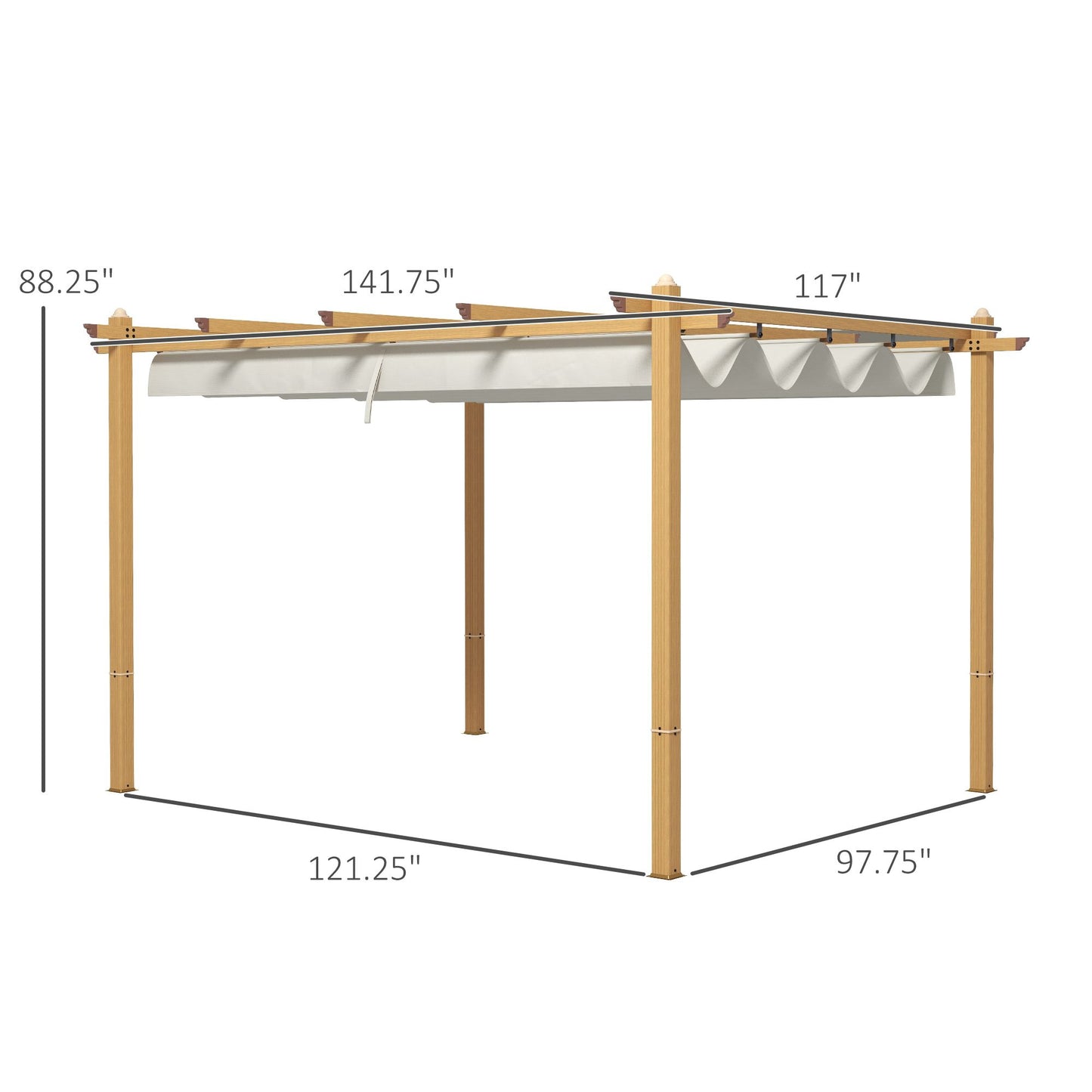 10' x 12' Retractable Aluminum Patio Pergola – Wood Grain Frame, Outdoor Sun Shade Shelter for Grill, Garden, Patio, Cream White