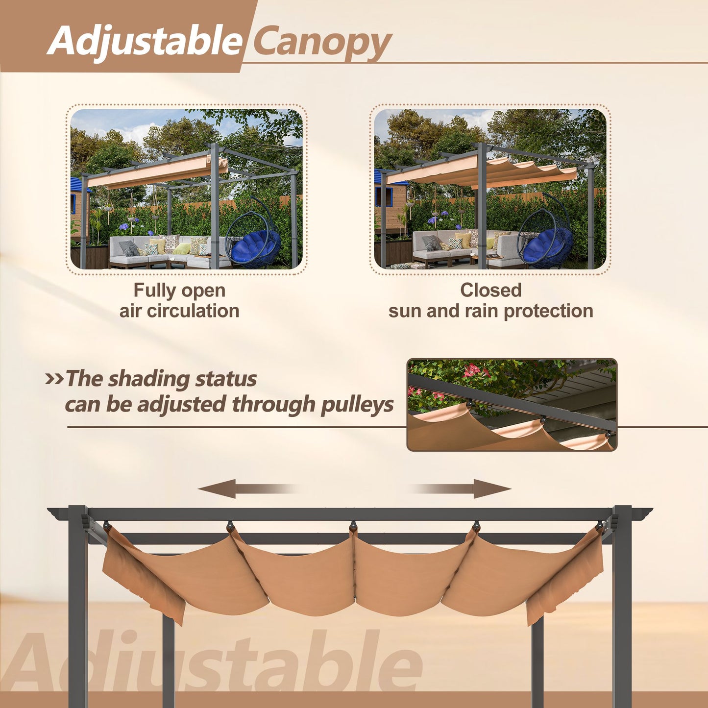 10' x 13' Aluminum Patio Pergola – Retractable Canopy, Backyard Shade Shelter for Porch, Outdoor Party, Garden, Grill Gazebo