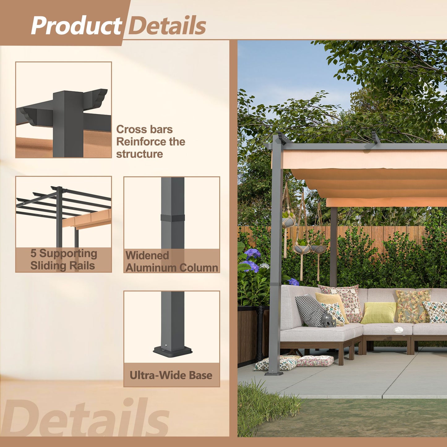 10' x 13' Aluminum Patio Pergola – Retractable Canopy, Backyard Shade Shelter for Porch, Outdoor Party, Garden, Grill Gazebo