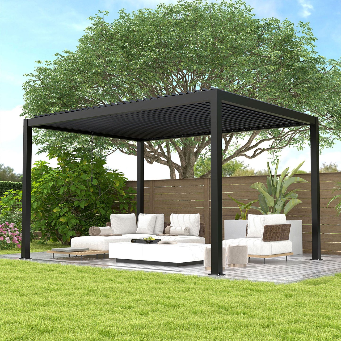 10' x 13' Aluminum Pergola with Adjustable Louvered Roof – Black, Powder-Coated Frame, Steel Louvers