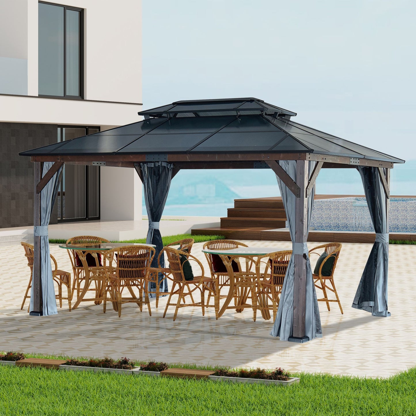 10' x 13' Outdoor Gazebo with Wooden Legs and Double-Layer Roof, Sunshade Canopy