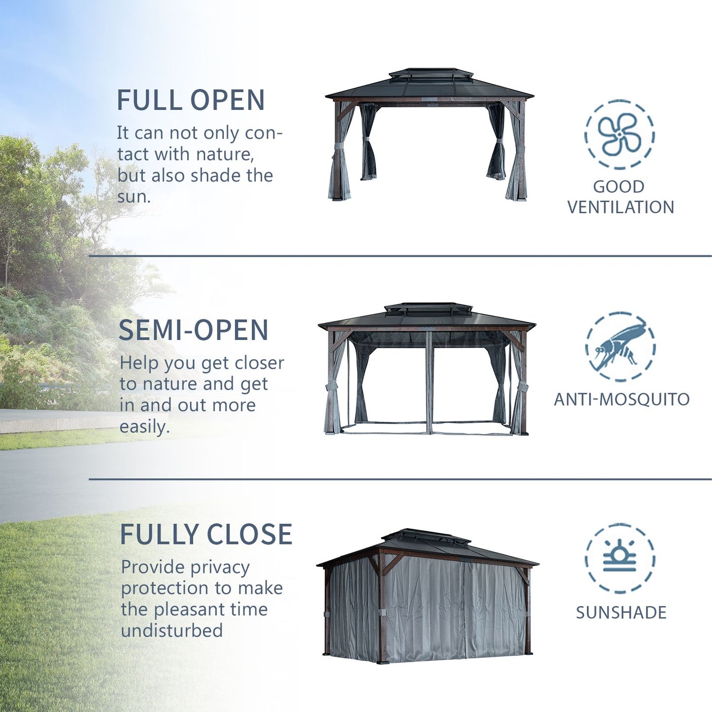 10' x 13' Outdoor Gazebo with Wooden Legs and Double-Layer Roof, Sunshade Canopy