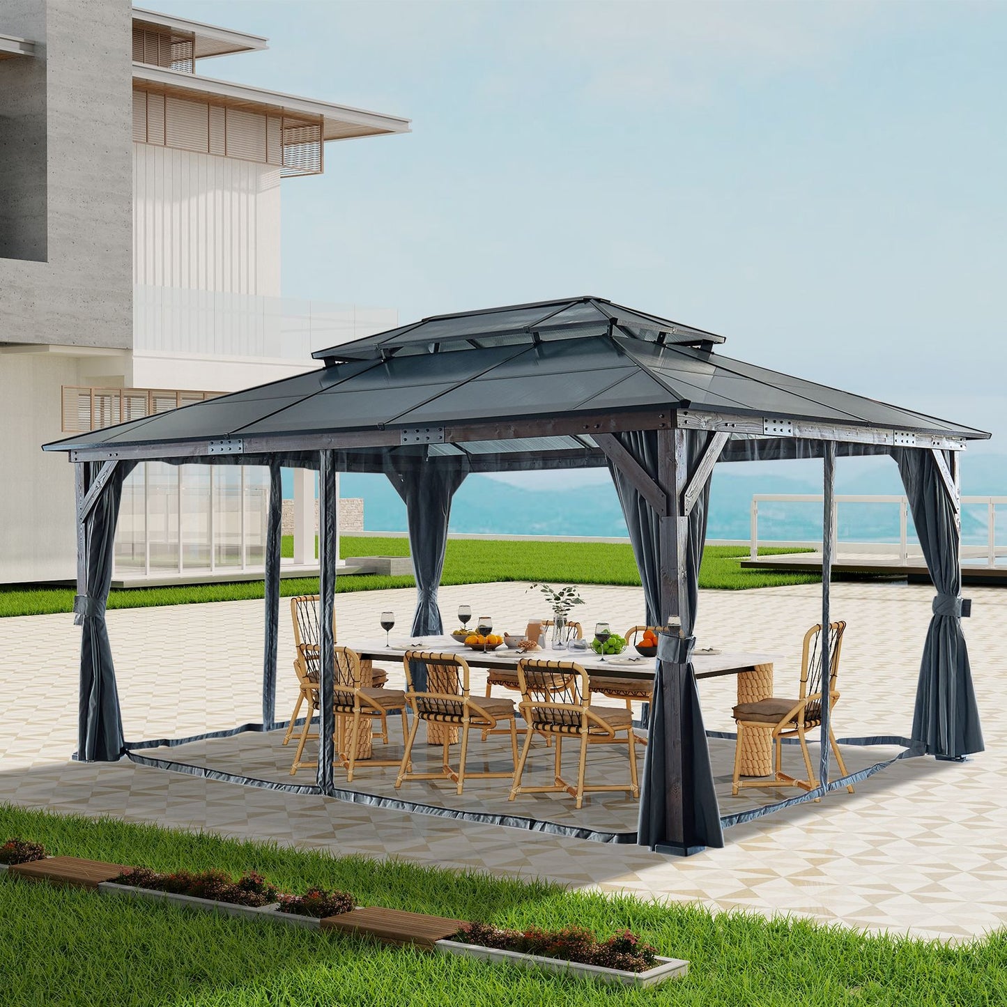10' x 13' Outdoor Gazebo with Wooden Legs and Double-Layer Roof, Sunshade Canopy
