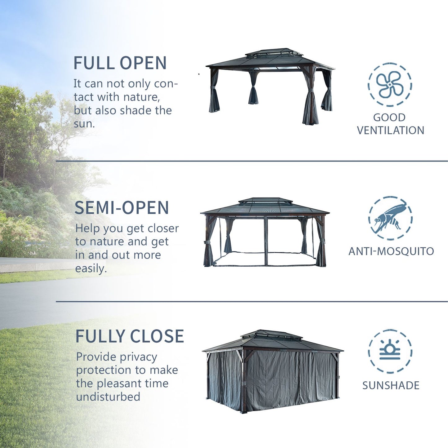 10' x 13' Outdoor Gazebo with Wooden Legs and Double-Layer Roof, Sunshade Canopy
