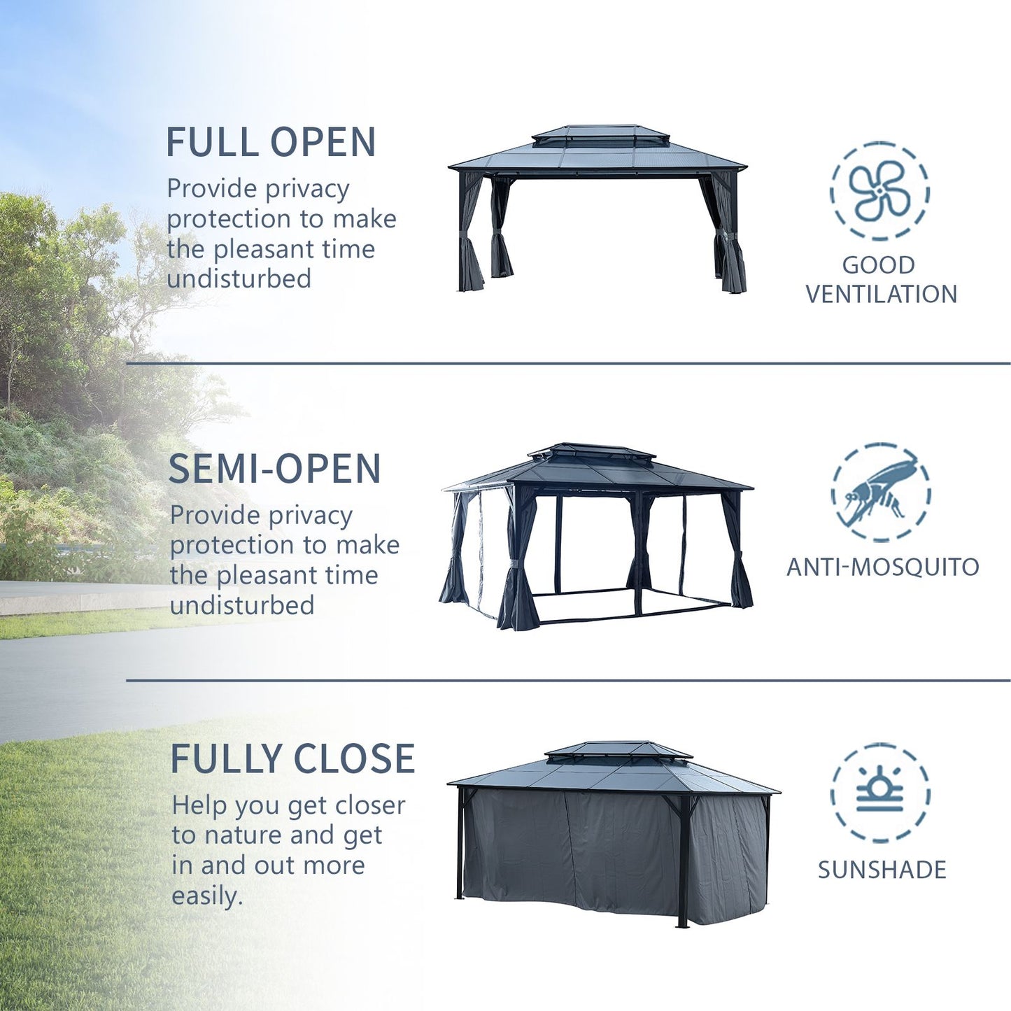 10' x 13'(16') Outdoor Gazebo with Aluminum Legs, Double-Layer Roof, and Dual Curtains for UV and Mosquito Protection