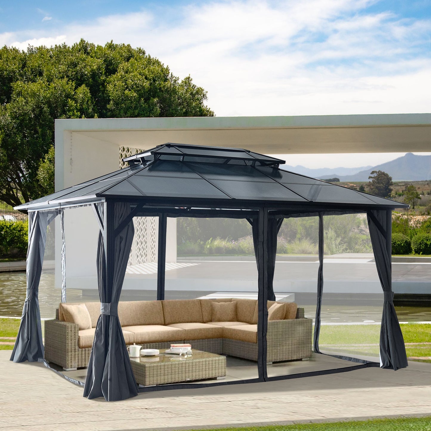 10' x 13'(16') Outdoor Gazebo with Aluminum Legs, Double-Layer Roof, and Dual Curtains for UV and Mosquito Protection
