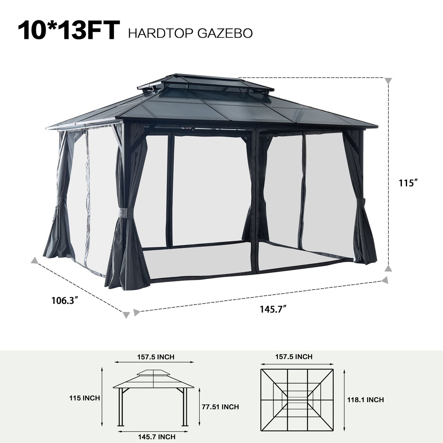 10' x 13'(16') Outdoor Gazebo with Aluminum Legs, Double-Layer Roof, and Dual Curtains for UV and Mosquito Protection