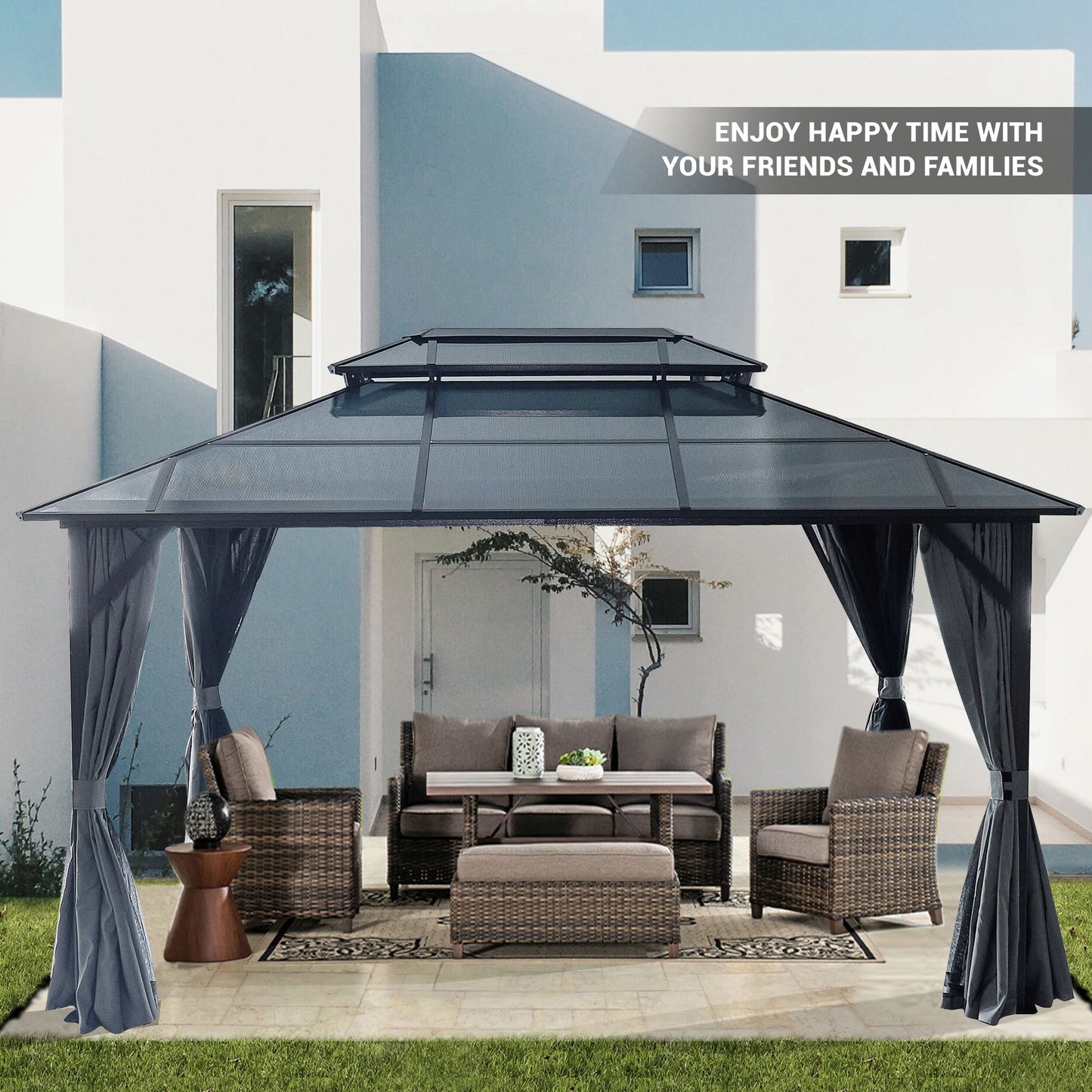 10' x 13'(16') Outdoor Gazebo with Aluminum Legs, Double-Layer Roof, and Dual Curtains for UV and Mosquito Protection