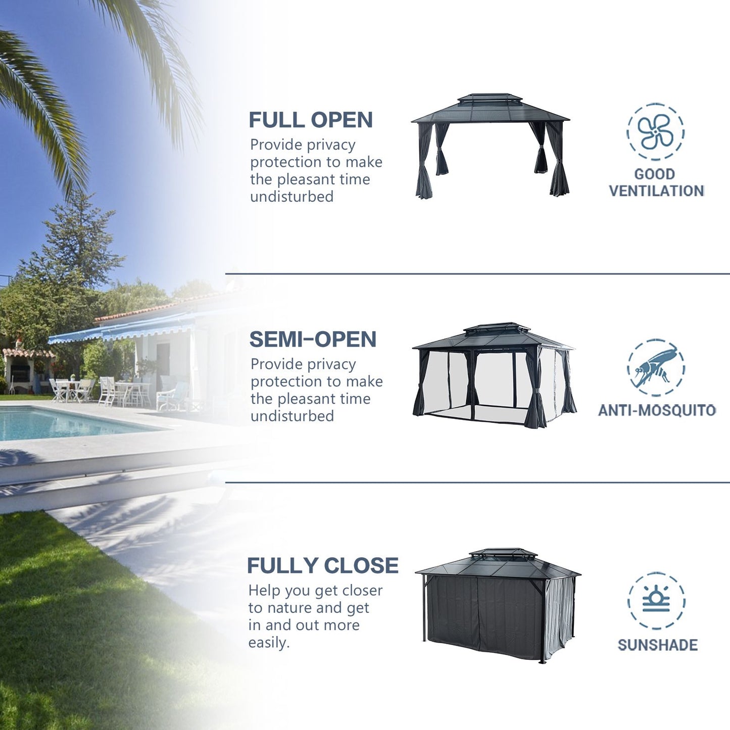 10' x 13'(16') Outdoor Gazebo with Aluminum Legs, Double-Layer Roof, and Dual Curtains for UV and Mosquito Protection