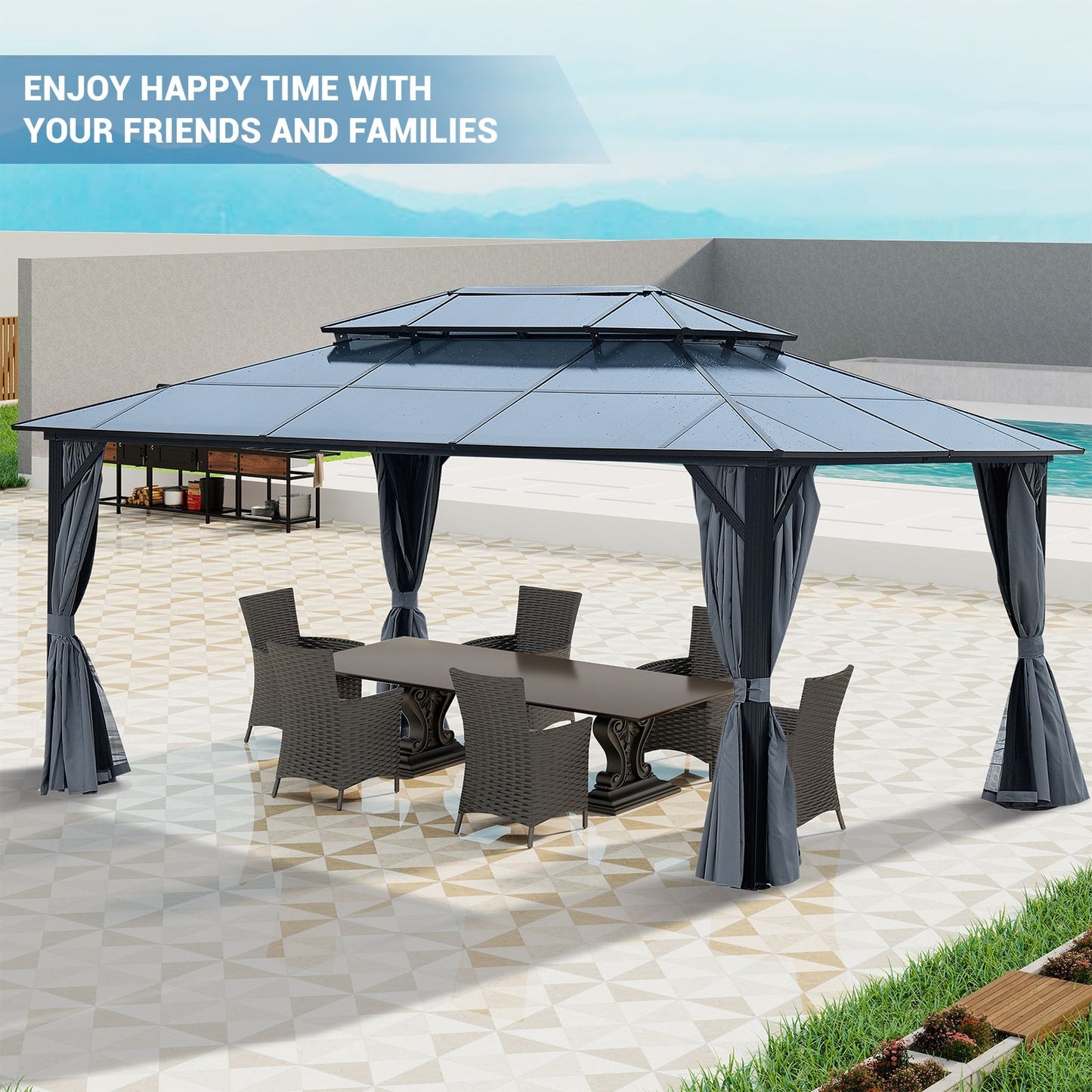 10' x 13'(16') Outdoor Gazebo with Aluminum Legs, Double-Layer Roof, and Dual Curtains for UV and Mosquito Protection