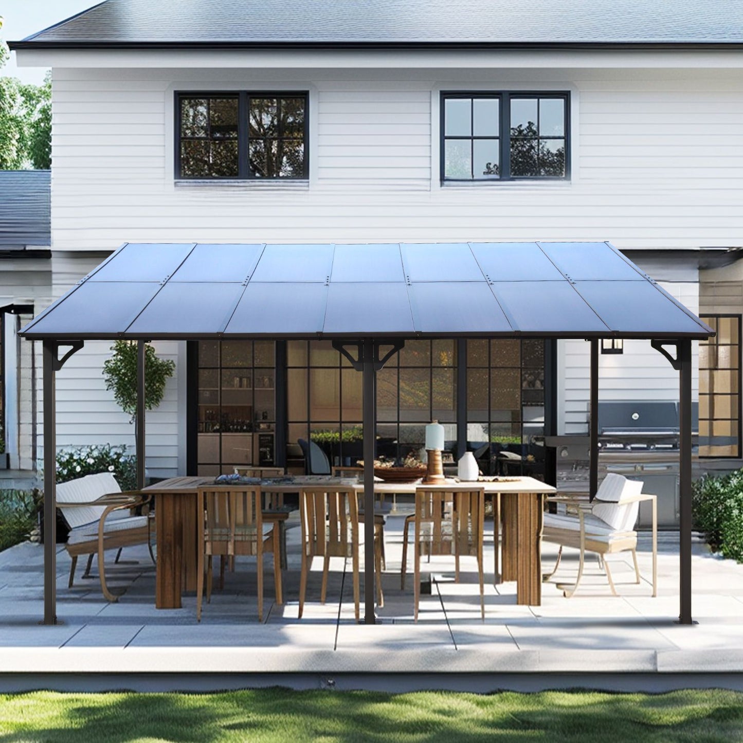 10' x 14' Wall-Mounted Lean-To Pergola – Gray, Powder-Coated Steel Frame, Heavy Duty Awning for Patio & Backyard