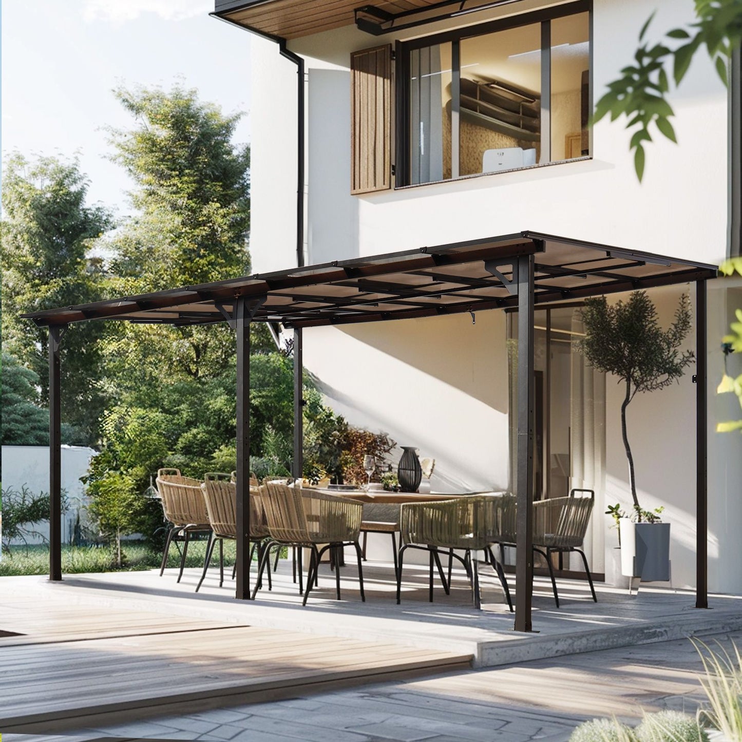 10' x 14' Wall-Mounted Lean-To Pergola – Gray, Powder-Coated Steel Frame, Heavy Duty Awning for Patio & Backyard