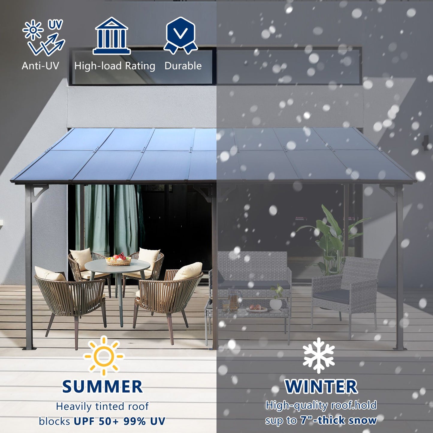 10' x 14' Wall-Mounted Lean-To Pergola – Gray, Powder-Coated Steel Frame, Heavy Duty Awning for Patio & Backyard