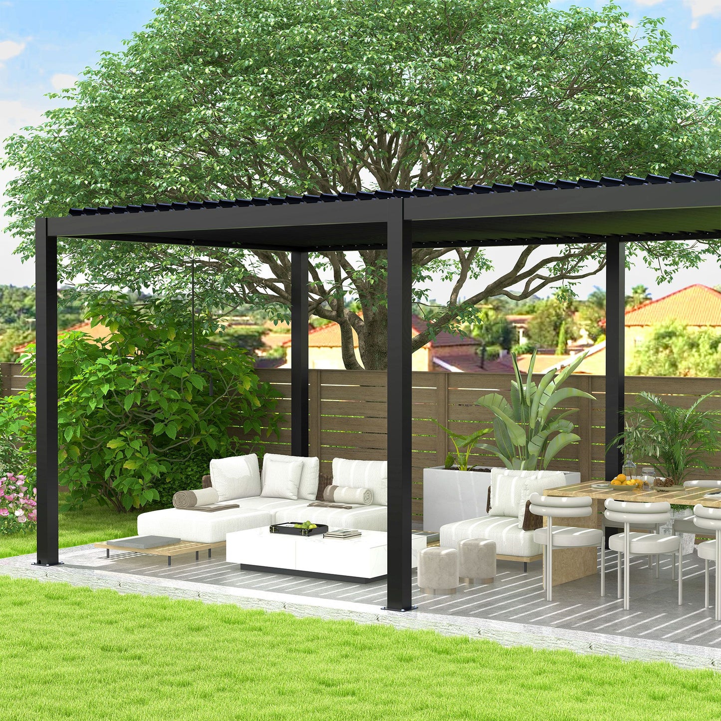 10' x 19' Aluminum Pergola with Adjustable Louvered Roof – Black, Powder-Coated Frame, Steel Louvers