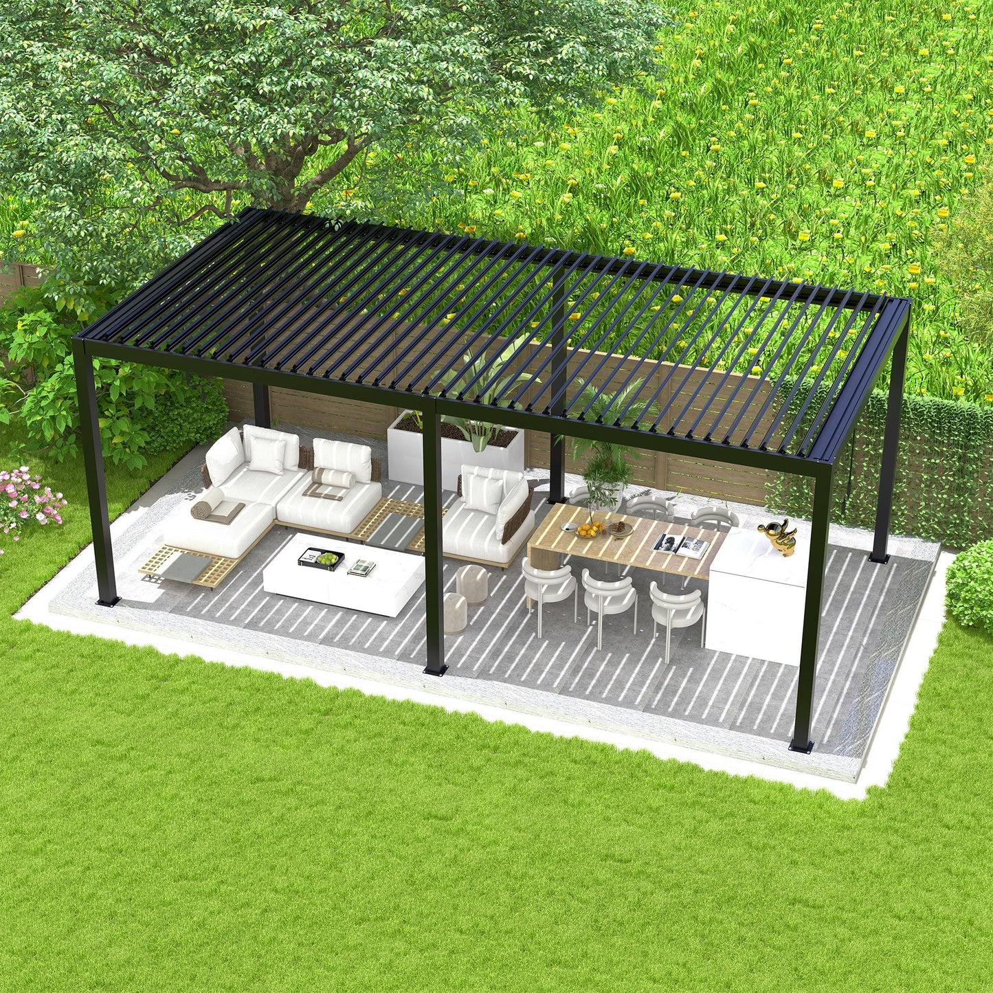 10' x 19' Aluminum Pergola with Adjustable Louvered Roof – Black, Powder-Coated Frame, Steel Louvers