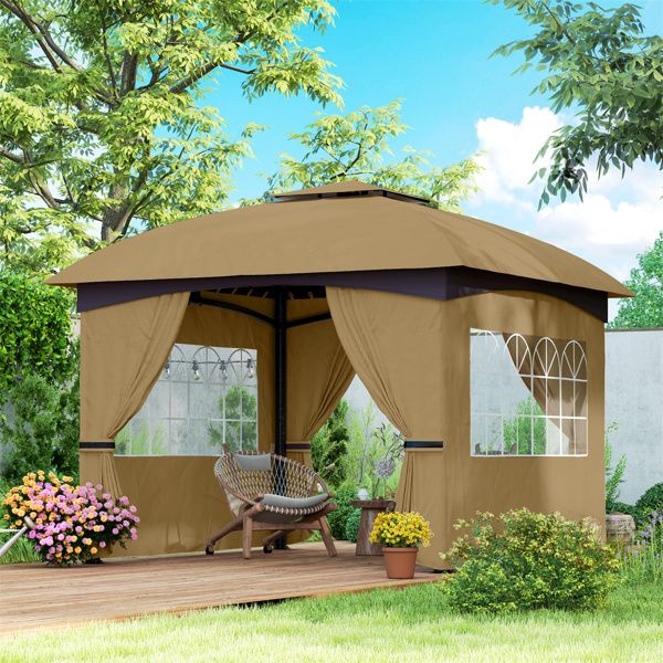 10.99' x 10.99' Beige Two-Tier Outdoor Gazebo with UV Protection, Translucent Windows, Mesh Vents, Powder-Coated Frame & Ground Stakes