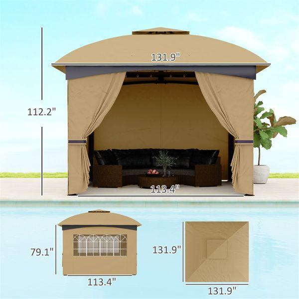 10.99' x 10.99' Beige Two-Tier Outdoor Gazebo with UV Protection, Translucent Windows, Mesh Vents, Powder-Coated Frame & Ground Stakes