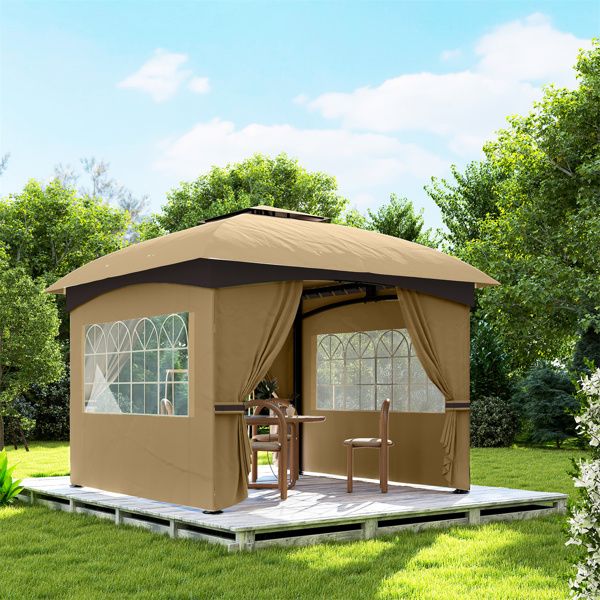 10.99' x 10.99' Beige Two-Tier Outdoor Gazebo with UV Protection, Translucent Windows, Mesh Vents, Powder-Coated Frame & Ground Stakes