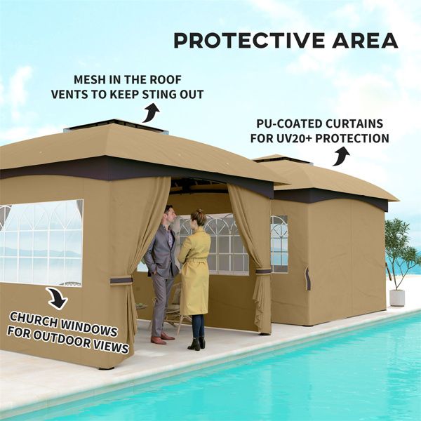 10.99' x 10.99' Beige Two-Tier Outdoor Gazebo with UV Protection, Translucent Windows, Mesh Vents, Powder-Coated Frame & Ground Stakes