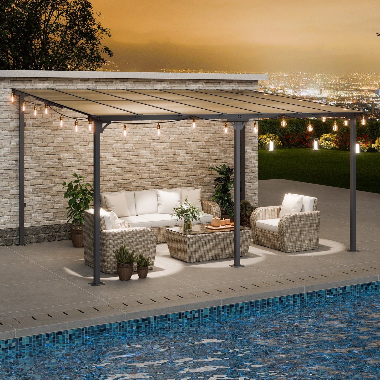 10'x 14' Lean-To Pergola – Sloping Roof, Aluminum Frame, Hard Top Gazebo for Patio