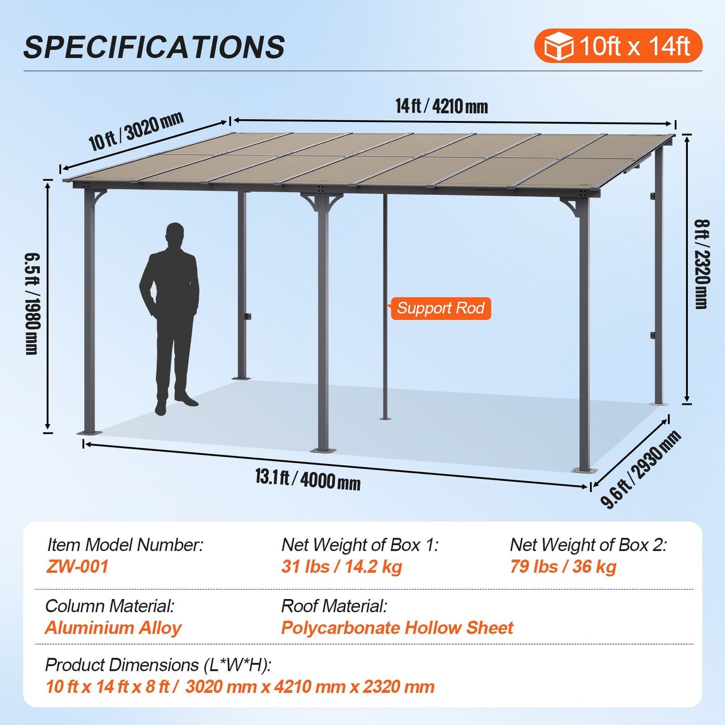 10'x 14' Lean-To Pergola – Sloping Roof, Aluminum Frame, Hard Top Gazebo for Patio