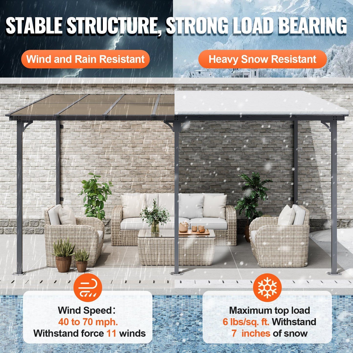 10'x 14' Lean-To Pergola – Sloping Roof, Aluminum Frame, Hard Top Gazebo for Patio