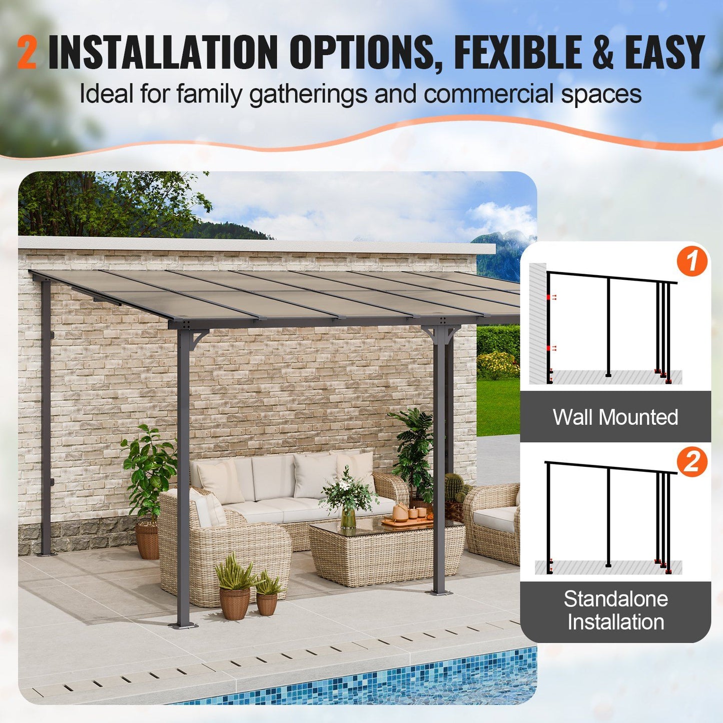 10'x 14' Lean-To Pergola – Sloping Roof, Aluminum Frame, Hard Top Gazebo for Patio