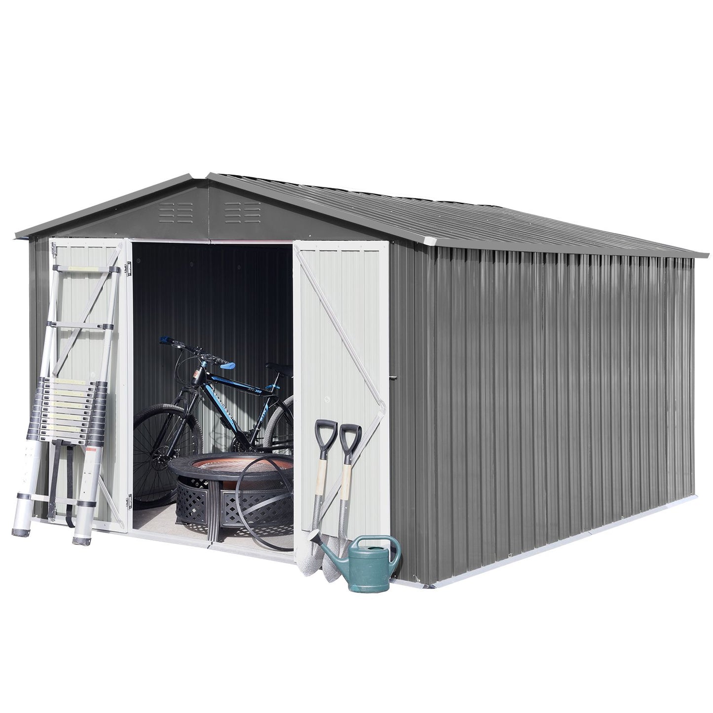12' x 10' Metal Garden Shed with Hinged Door, Aluminum Frame & Punched Vents
