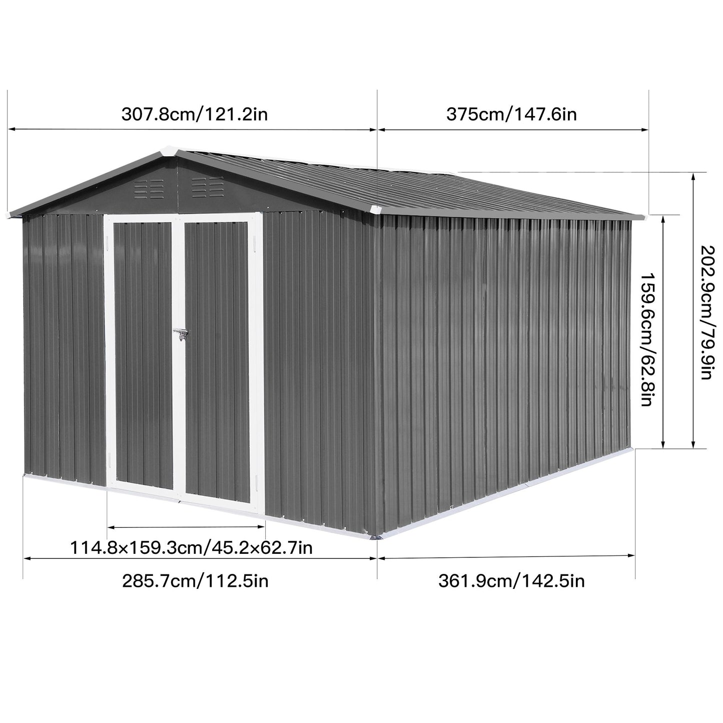 12' x 10' Metal Garden Shed with Hinged Door, Aluminum Frame & Punched Vents