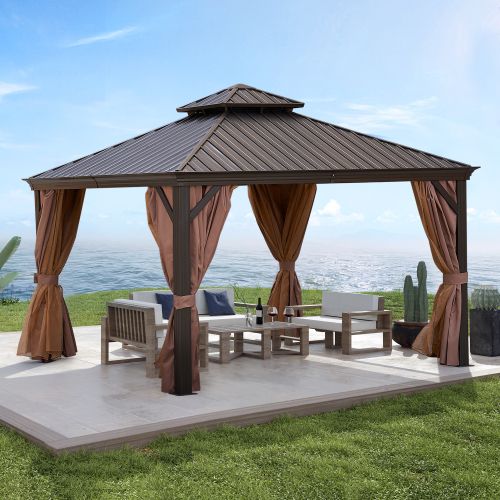 12' x 12' Outdoor Gazebo with Double-Tier Hard Top, Aluminum Frame and Steel Canopy, Ideal for Patio, Garden, and Backyard