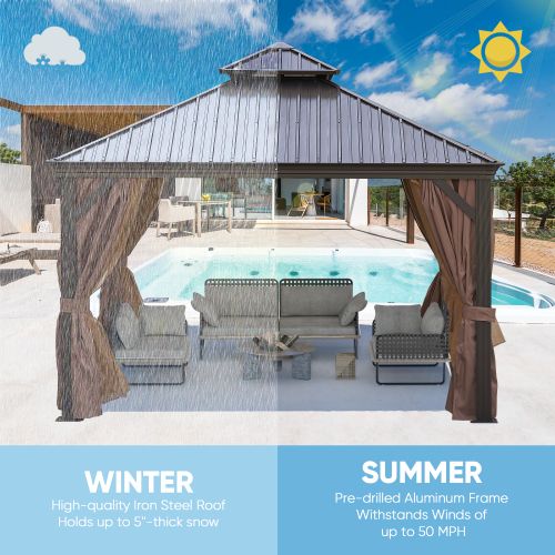 12' x 12' Outdoor Gazebo with Double-Tier Hard Top, Aluminum Frame and Steel Canopy, Ideal for Patio, Garden, and Backyard