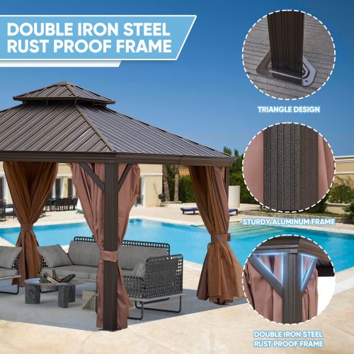 12' x 12' Outdoor Gazebo with Double-Tier Hard Top, Aluminum Frame and Steel Canopy, Ideal for Patio, Garden, and Backyard