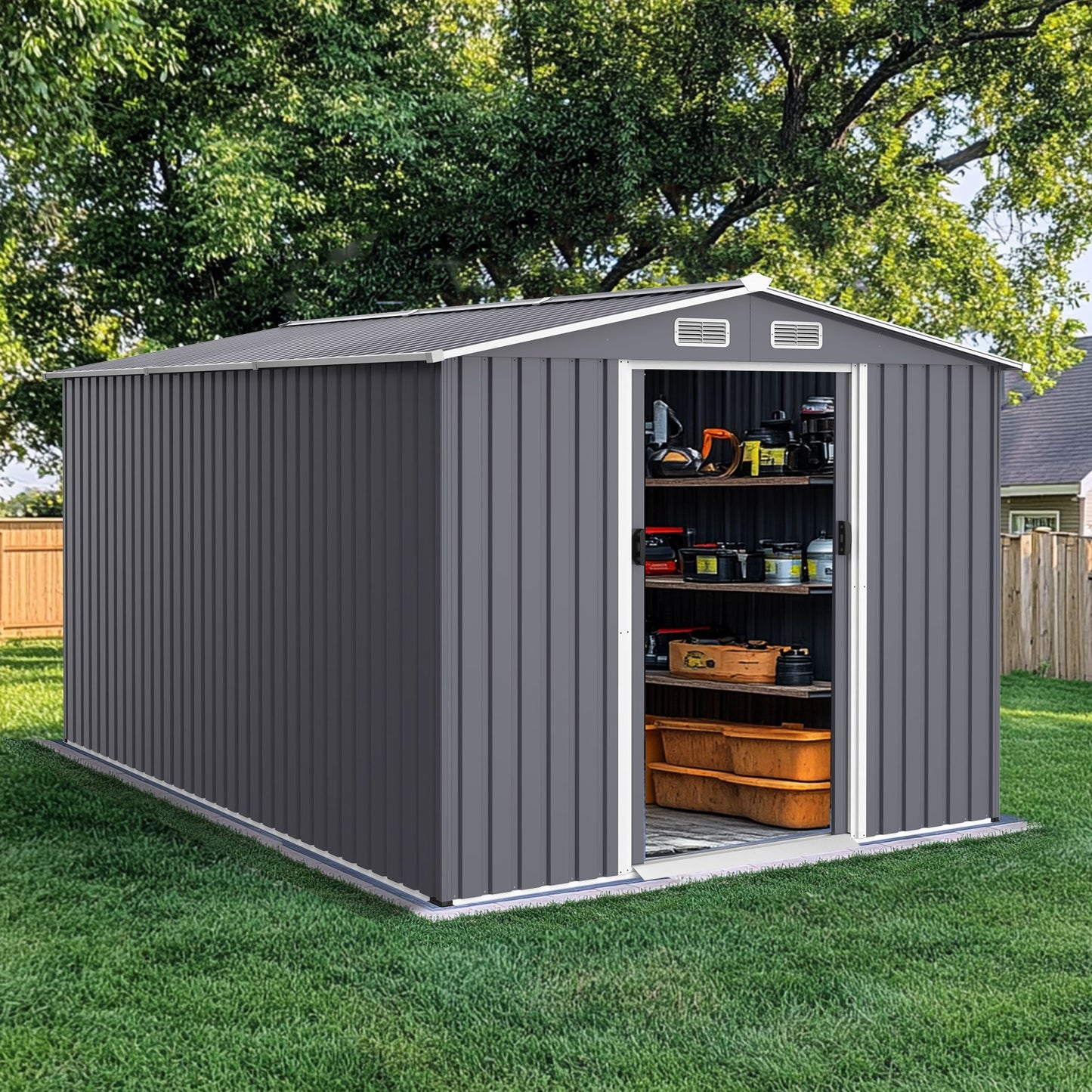 12' x 8' Outdoor Metal Garden Shed with Sliding Doors & Air Vent