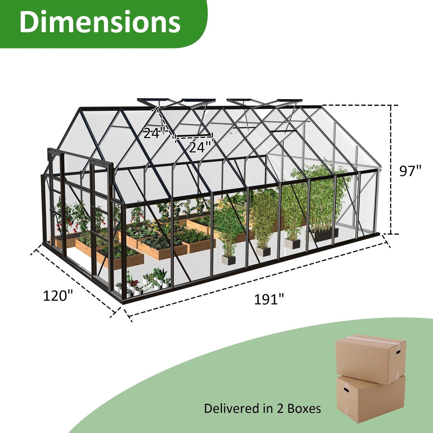 12' x 8' Polycarbonate Walk-In Greenhouse, Sliding Doors, Adjustable Vents, Aluminum Frame