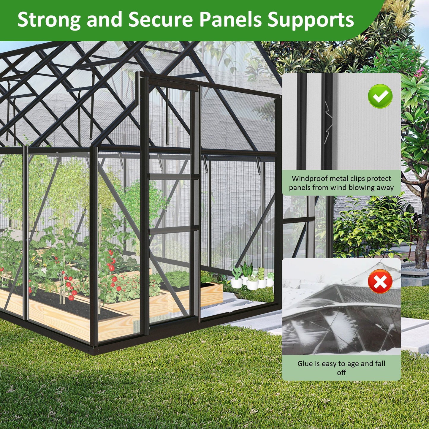 12' x 8' Polycarbonate Walk-In Greenhouse, Sliding Doors, Adjustable Vents, Aluminum Frame