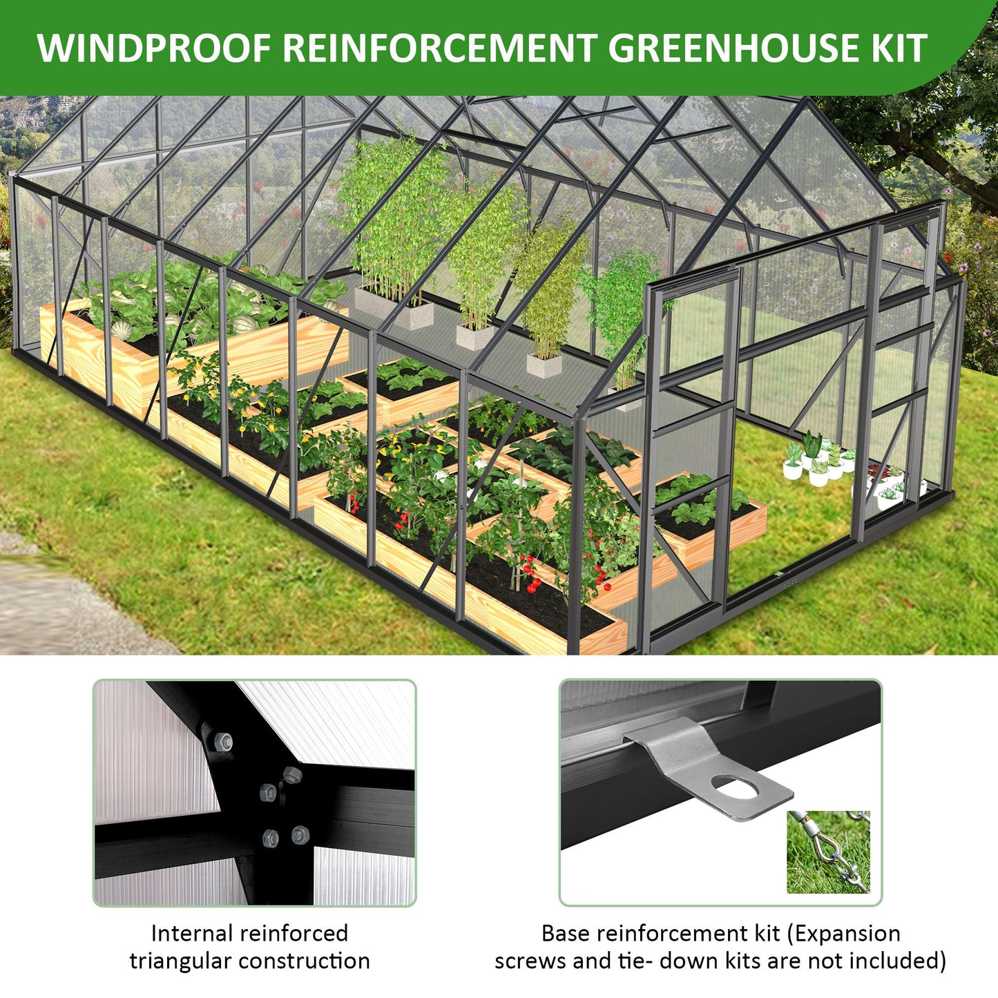 12' x 8' Polycarbonate Walk-In Greenhouse, Sliding Doors, Adjustable Vents, Aluminum Frame