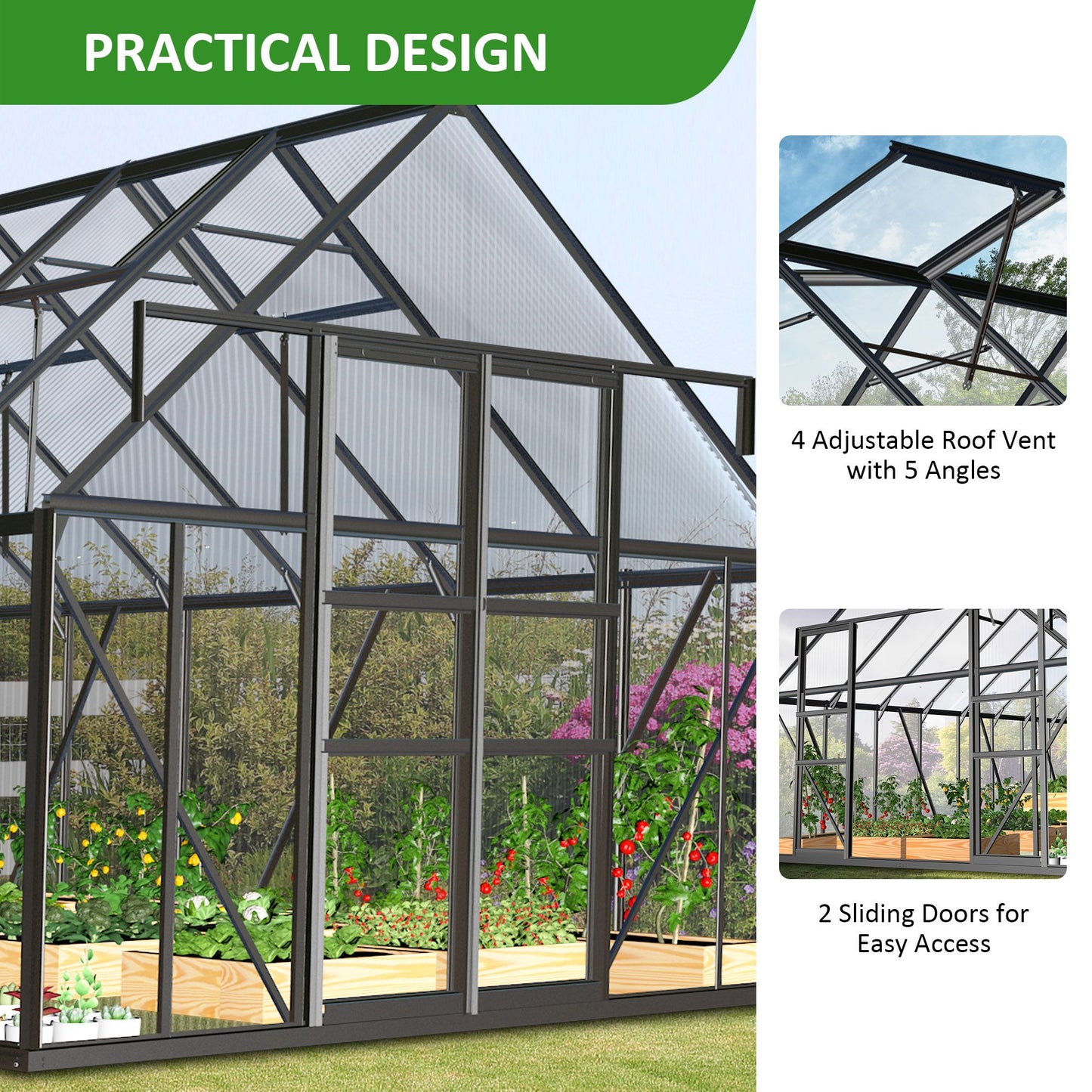 12' x 8' Polycarbonate Walk-In Greenhouse, Sliding Doors, Adjustable Vents, Aluminum Frame
