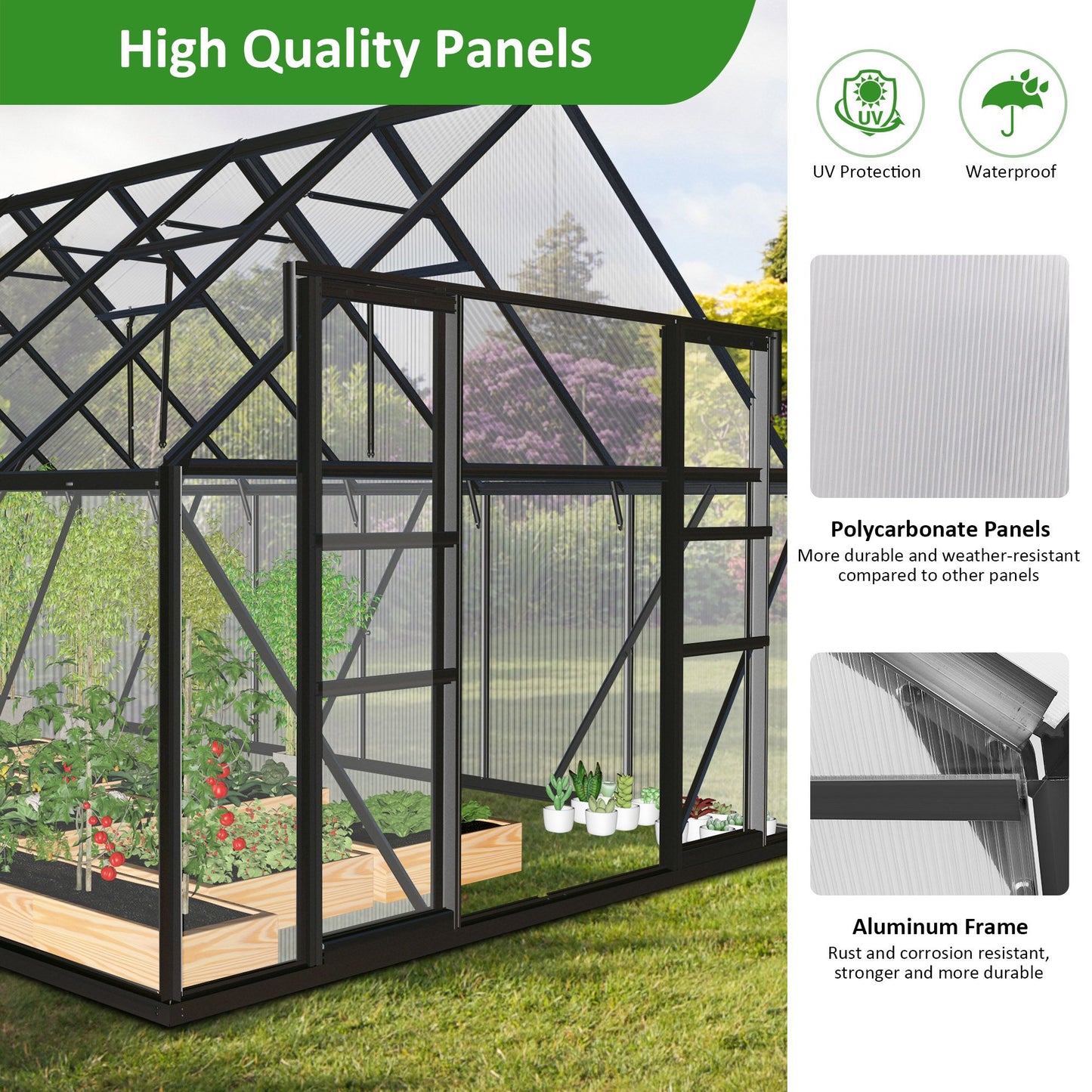 12' x 8' Polycarbonate Walk-In Greenhouse, Sliding Doors, Adjustable Vents, Aluminum Frame