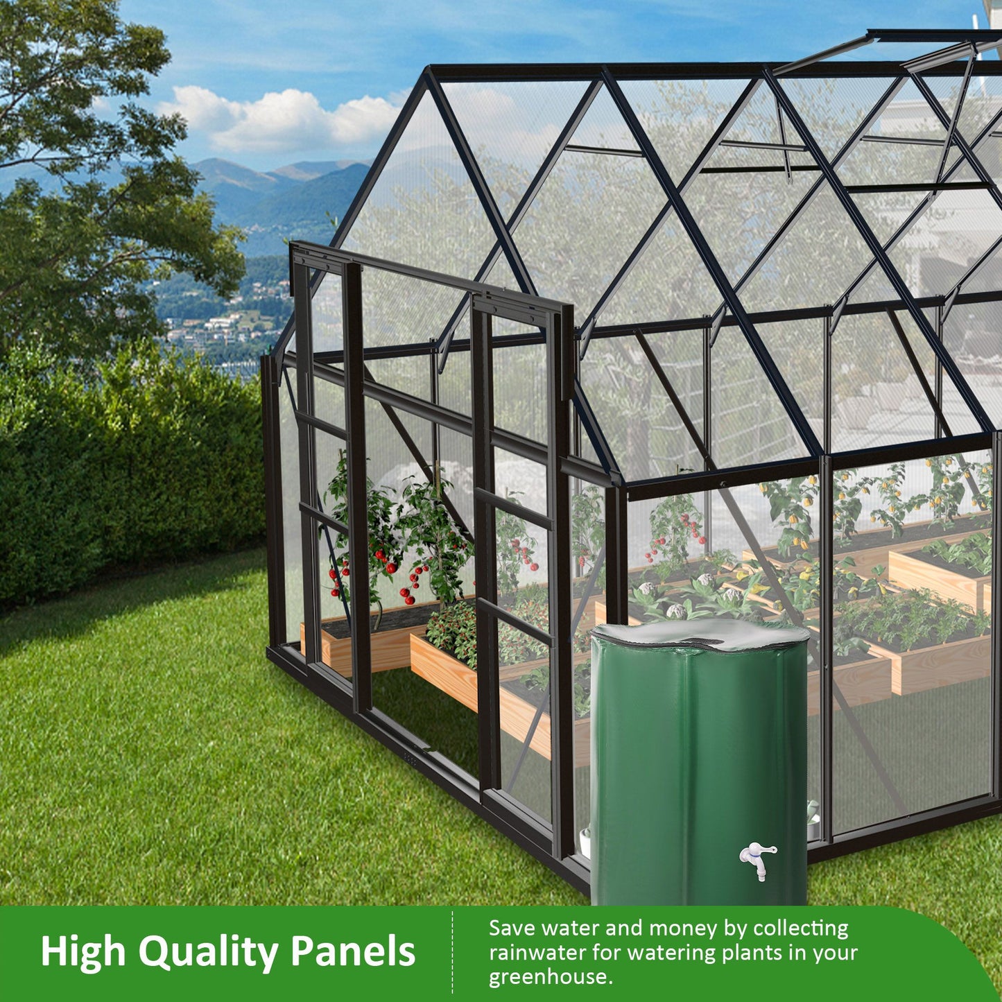 12' x 8' Polycarbonate Walk-In Greenhouse, Sliding Doors, Adjustable Vents, Aluminum Frame