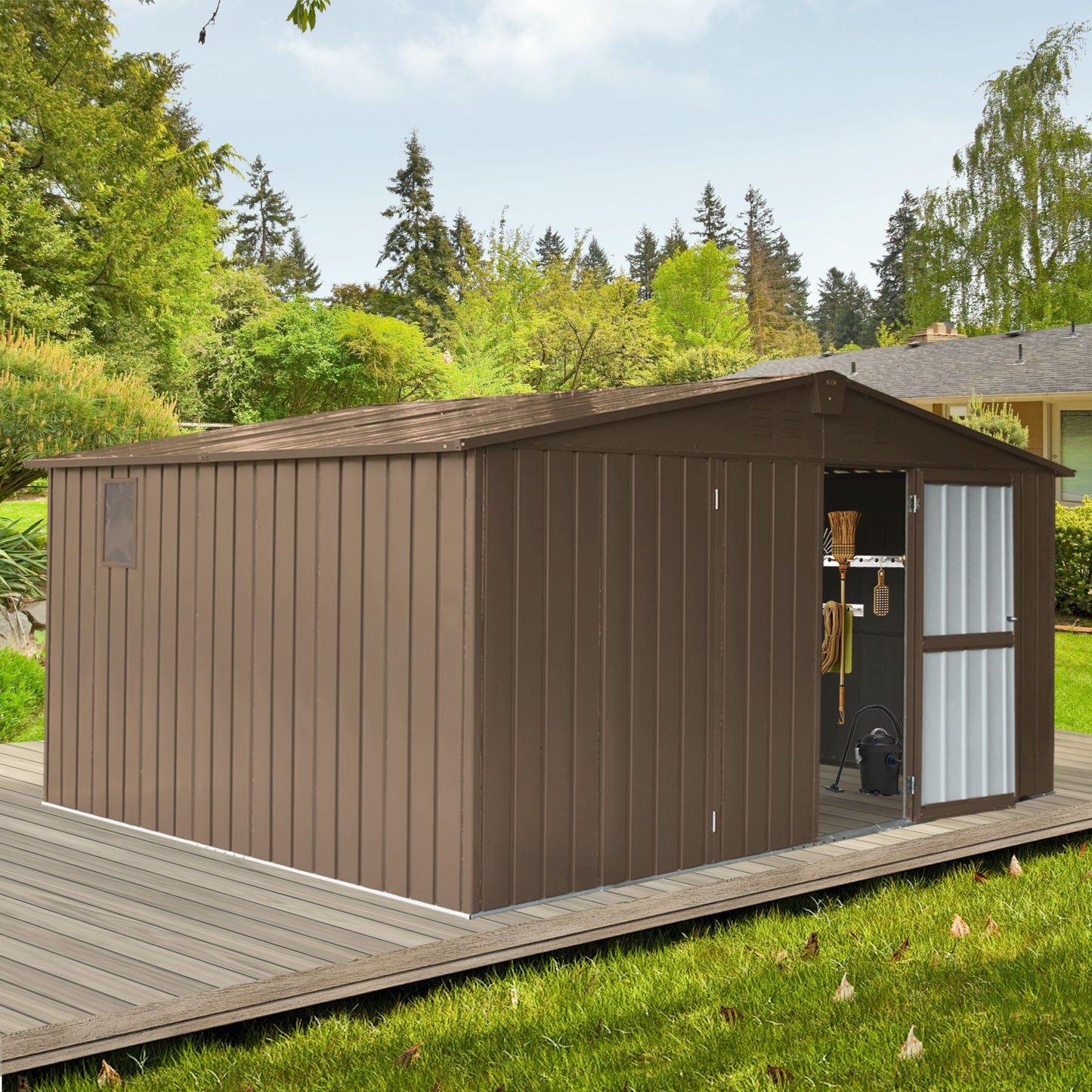 12.5' x 11' Large Brown Metal Storage Shed, 900 cu.ft. Capacity, Galvanized Steel Frame, Multifunctional